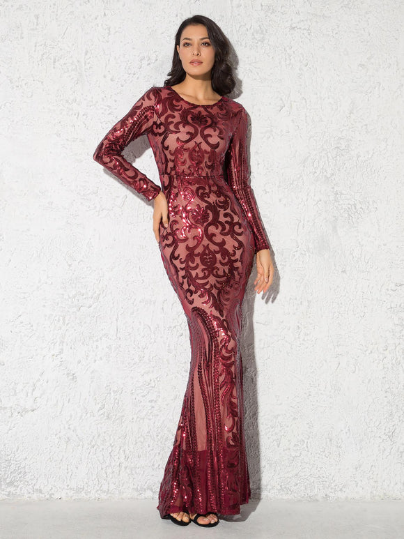 Wine red body con prom dress with a stretchy material covered in sequin details, floor length and long sleeve.