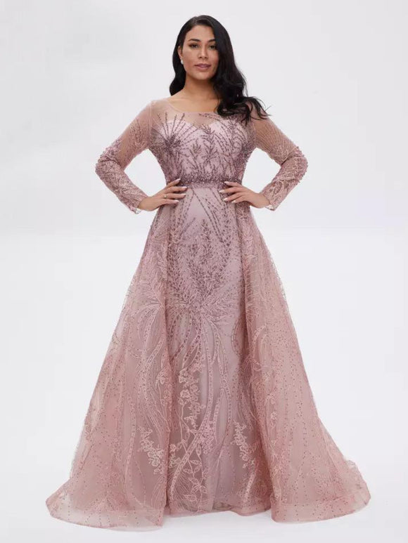 Beautiful pink beaded evening dress with a connected skirt, long sleeve. 